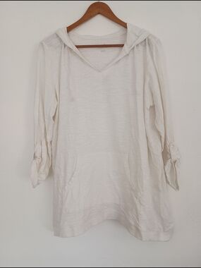 J.Jill 100% Cotton Tab-Sleeve Knit Hoodie in White